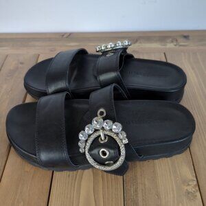 Karl Lagerfeld Black Faux Leather Embellished Rhinestone Dressy Sandals Slides